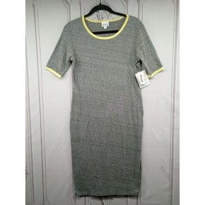 NWT LuLaRoe Dress SZ Medium Julia Style Sheath Casual Stretch Gray Yellow‎ Trim